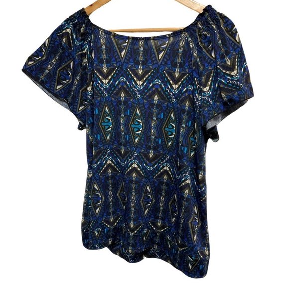 Black/Blue/ Gold Graphic Print Short Sleeve Peasant Blouse  w/ Ruched Neckline - Picture 2 of 2